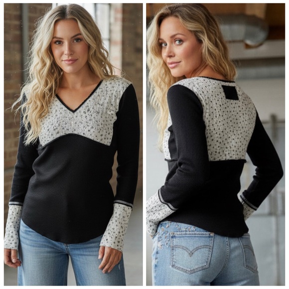 POL Tops - NWT POL Waffle Knit Long Sleeve Thermal Top Contrast Floral Textured Material